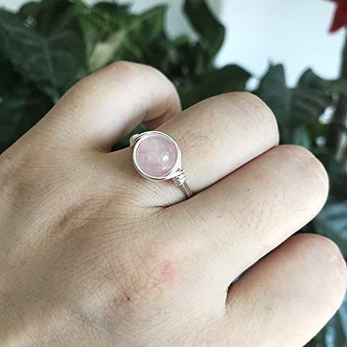 YWDREAM Crystal Rings for Women Spiritual, Healing Crystal Rings Wire Wrapped Ring, Carnelian Rose Quartz Amethyst Tiger Eyes Opalite Amazonite Gemstone Ring (Rose Quartz-Silver, 7)