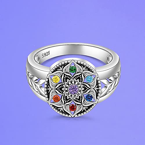 Yoga Chakra Ring Mandala Lotus Flower Rings for Women Sterling Silver Healing Crystal Balance 7 Chakras Jewelry Size 9