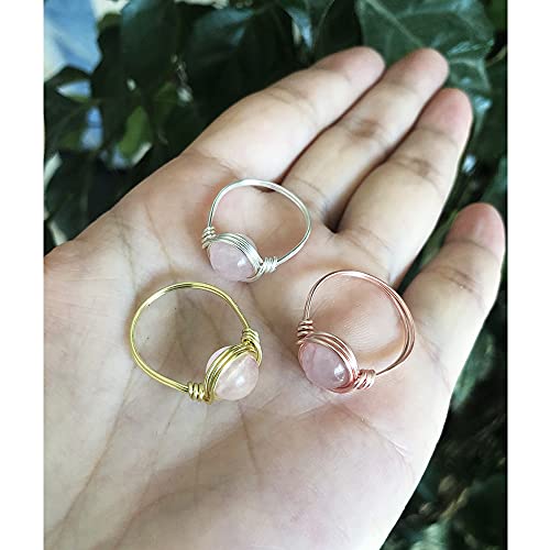 YWDREAM Crystal Rings for Women Spiritual, Healing Crystal Rings Wire Wrapped Ring, Carnelian Rose Quartz Amethyst Tiger Eyes Opalite Amazonite Gemstone Ring (Rose Quartz-Silver, 7)