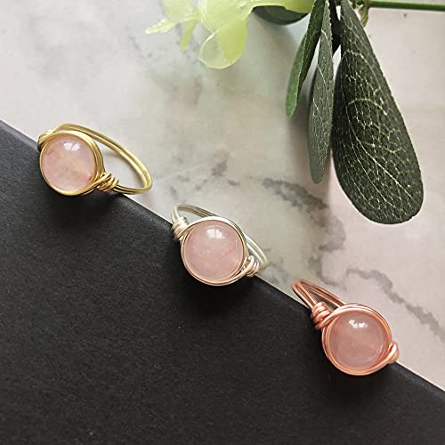 YWDREAM Crystal Rings for Women Spiritual, Healing Crystal Rings Wire Wrapped Ring, Carnelian Rose Quartz Amethyst Tiger Eyes Opalite Amazonite Gemstone Ring (Rose Quartz-Silver, 7)