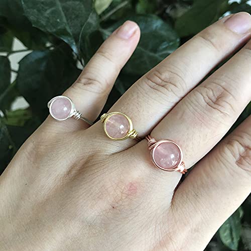 YWDREAM Crystal Rings for Women Spiritual, Healing Crystal Rings Wire Wrapped Ring, Carnelian Rose Quartz Amethyst Tiger Eyes Opalite Amazonite Gemstone Ring (Rose Quartz-Silver, 7)