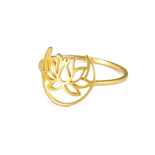 TEAMER Lotus Ring Stainless Steel Moon Lotus Ring Geometric Ring Simple Jewelry for Women (Gold, 9)