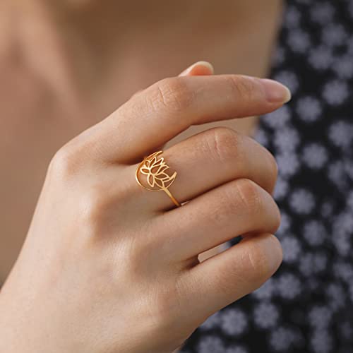 TEAMER Lotus Ring Stainless Steel Moon Lotus Ring Geometric Ring Simple Jewelry for Women (Gold, 9)