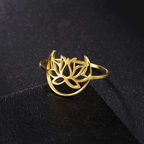 TEAMER Lotus Ring Stainless Steel Moon Lotus Ring Geometric Ring Simple Jewelry for Women (Gold, 9)