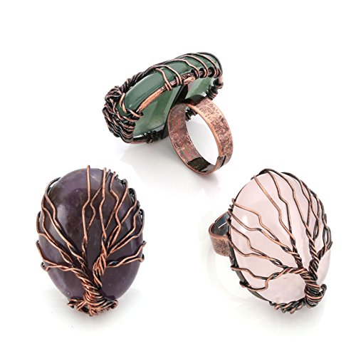 Top Plaza Handmade Retro Vintage Copper Wire Wrapped Tree of Life Oval Gemstone Healing Crystal Adjustable Ring Bronze Band Size 6 7 8(Amethyst+Rose Quartz+Green Aventurine)