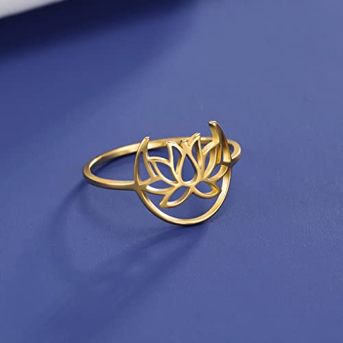 TEAMER Lotus Ring Stainless Steel Moon Lotus Ring Geometric Ring Simple Jewelry for Women (Gold, 9)