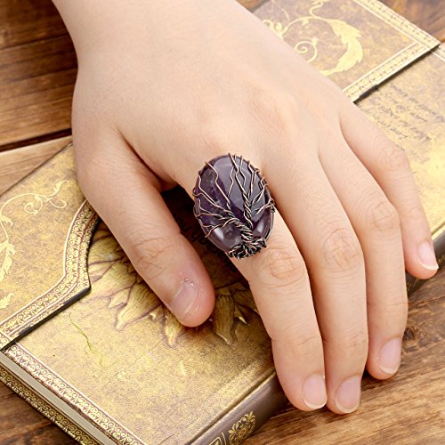 Top Plaza Handmade Retro Vintage Copper Wire Wrapped Tree of Life Oval Gemstone Healing Crystal Adjustable Ring Bronze Band Size 6 7 8(Amethyst+Rose Quartz+Green Aventurine)