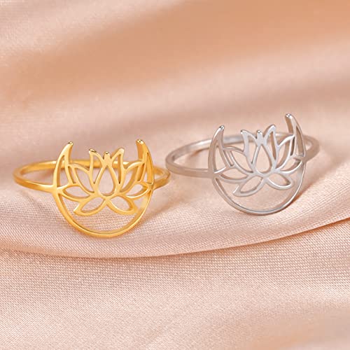 TEAMER Lotus Ring Stainless Steel Moon Lotus Ring Geometric Ring Simple Jewelry for Women (Gold, 9)