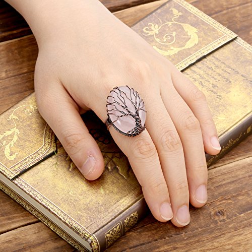 Top Plaza Handmade Retro Vintage Copper Wire Wrapped Tree of Life Oval Gemstone Healing Crystal Adjustable Ring Bronze Band Size 6 7 8(Amethyst+Rose Quartz+Green Aventurine)