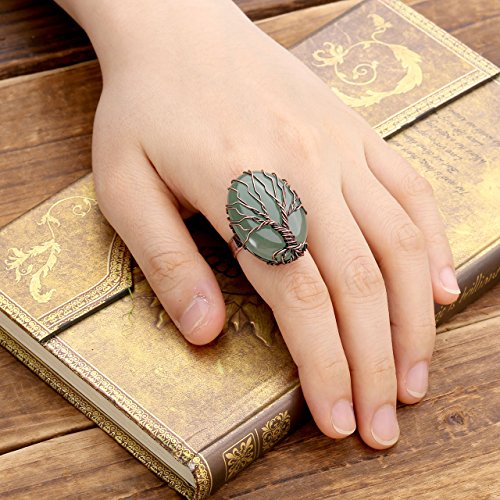 Top Plaza Handmade Retro Vintage Copper Wire Wrapped Tree of Life Oval Gemstone Healing Crystal Adjustable Ring Bronze Band Size 6 7 8(Amethyst+Rose Quartz+Green Aventurine)
