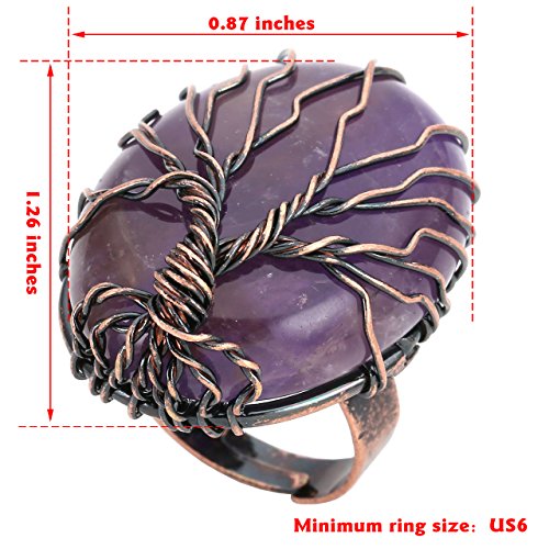 Top Plaza Handmade Retro Vintage Copper Wire Wrapped Tree of Life Oval Gemstone Healing Crystal Adjustable Ring Bronze Band Size 6 7 8(Amethyst+Rose Quartz+Green Aventurine)