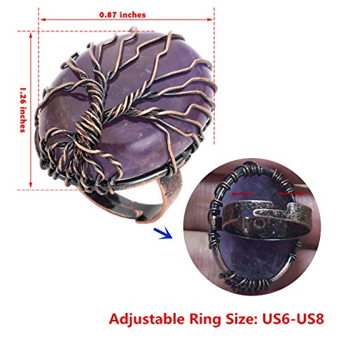 Top Plaza Handmade Retro Vintage Copper Wire Wrapped Tree of Life Oval Gemstone Healing Crystal Adjustable Ring Bronze Band Size 6 7 8(Amethyst+Rose Quartz+Green Aventurine)