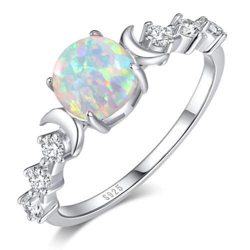 Angol Natural Moonstone Ring for Women, 925 Sterling Silver Triple Moon Goddess Engagement Promise Ring for Girls Anniversary, Birthday, Christmas, Valentine's Day Gift for Her (Opal-Silver, 9)