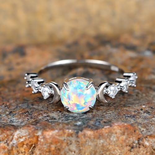 Angol Natural Moonstone Ring for Women, 925 Sterling Silver Triple Moon Goddess Engagement Promise Ring for Girls Anniversary, Birthday, Christmas, Valentine's Day Gift for Her (Opal-Silver, 9)