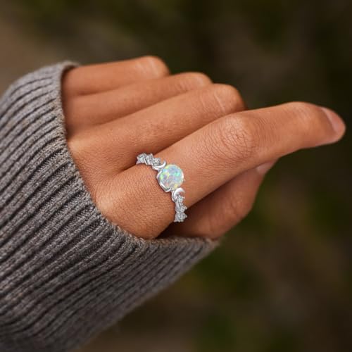 Angol Natural Moonstone Ring for Women, 925 Sterling Silver Triple Moon Goddess Engagement Promise Ring for Girls Anniversary, Birthday, Christmas, Valentine's Day Gift for Her (Opal-Silver, 9)