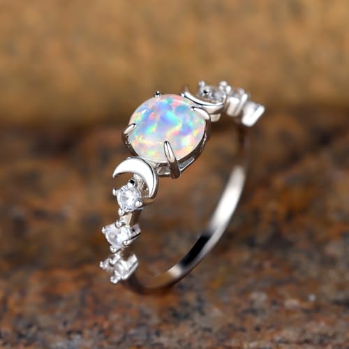 Angol Natural Moonstone Ring for Women, 925 Sterling Silver Triple Moon Goddess Engagement Promise Ring for Girls Anniversary, Birthday, Christmas, Valentine's Day Gift for Her (Opal-Silver, 9)