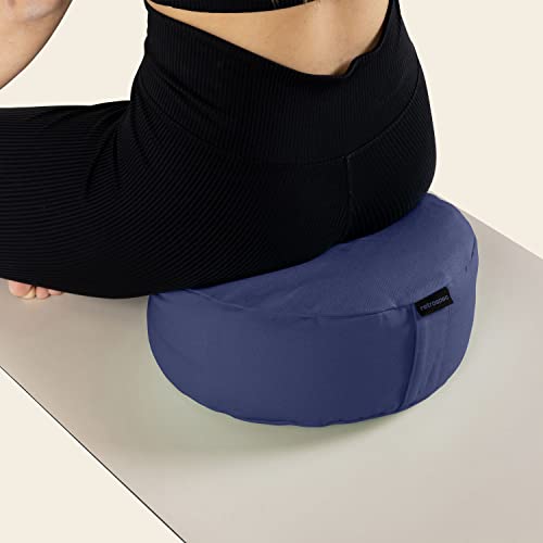Retrospec Sedona Zafu Meditation Cushion Filled w/Buckwheat Hulls - Yoga Pillow for Meditation Practices - Machine Washable 100% Cotton Cover & Durable Carry Handle; Round, Midnight