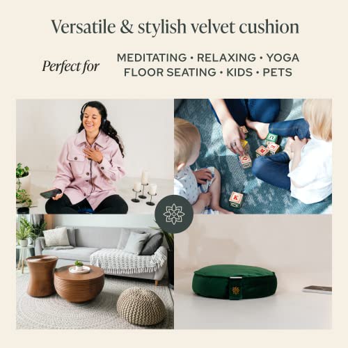 Mindful & Modern Velvet Meditation Cushion | Luxe Zafu Yoga Floor Pillow Seat | Posture Support | Buckwheat Hull Filled | Large Round Cushion with Removable Washable Cover + Carry Handle | Color Green