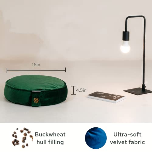 Mindful & Modern Velvet Meditation Cushion | Luxe Zafu Yoga Floor Pillow Seat | Posture Support | Buckwheat Hull Filled | Large Round Cushion with Removable Washable Cover + Carry Handle | Color Green