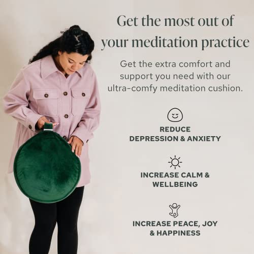 Mindful & Modern Velvet Meditation Cushion | Luxe Zafu Yoga Floor Pillow Seat | Posture Support | Buckwheat Hull Filled | Large Round Cushion with Removable Washable Cover + Carry Handle | Color Green