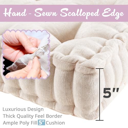 Intelligent Design Azza Floor Pillow, Large Cushions Sitting for Adults, Floor Pillow for Meditation or Yoga, Lustrous Chenille Tufted with Scalloped Edges for Bench/Chair Cushion, 20"x20"x5" Ivory