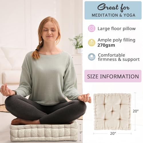 Intelligent Design Azza Floor Pillow, Large Cushions Sitting for Adults, Floor Pillow for Meditation or Yoga, Lustrous Chenille Tufted with Scalloped Edges for Bench/Chair Cushion, 20"x20"x5" Ivory