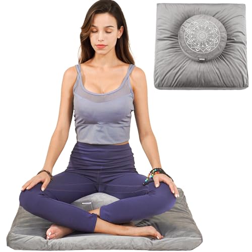 Hihealer Meditation Cushion-Traditional Tibetan Meditation Pillow with Washable Premium Velvet Cover Premium Yoga Buckwheat Bolster-Large Floor Cushion Seating for Adults,Women (Sliver Grey)