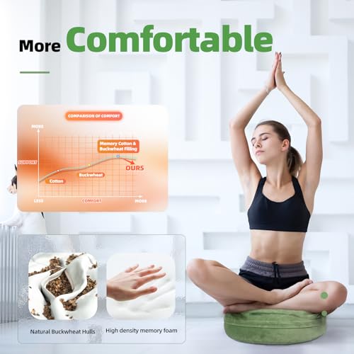 MEREZA Meditation Cushion, 5" Thick Yoga Pillows for Sitting on Floor with Buckwheat Yoga Bolster Pillow Velvet Cover Machine Washable Meditation Pillow Zafu Yoga Pillow