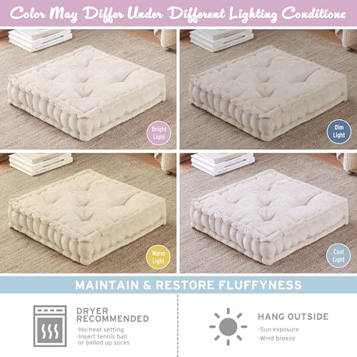 Intelligent Design Azza Floor Pillow, Large Cushions Sitting for Adults, Floor Pillow for Meditation or Yoga, Lustrous Chenille Tufted with Scalloped Edges for Bench/Chair Cushion, 20"x20"x5" Ivory