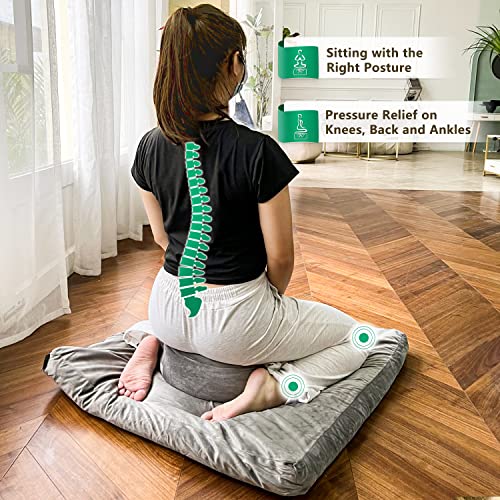 Hihealer Meditation Cushion-Traditional Tibetan Meditation Pillow with Washable Premium Velvet Cover Premium Yoga Buckwheat Bolster-Large Floor Cushion Seating for Adults,Women (Sliver Grey)