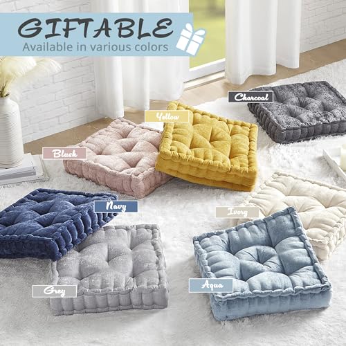 Intelligent Design Azza Floor Pillow, Large Cushions Sitting for Adults, Floor Pillow for Meditation or Yoga, Lustrous Chenille Tufted with Scalloped Edges for Bench/Chair Cushion, 20"x20"x5" Ivory