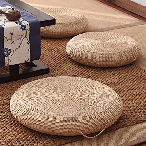 Cranese Futon Seat Cushion,Natural Straw Woven Floor Pillow Outdoor,Round Tatami Floor Cushion Sitting,Handmade Meditation Cushion,for Yoga Room (Diameter 40cm(16inch),Beige)