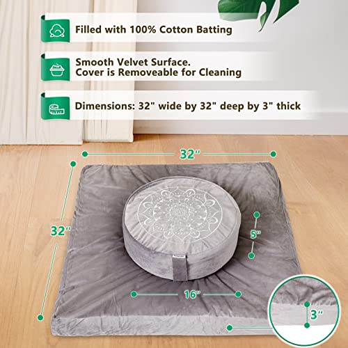 Hihealer Meditation Cushion-Traditional Tibetan Meditation Pillow with Washable Premium Velvet Cover Premium Yoga Buckwheat Bolster-Large Floor Cushion Seating for Adults,Women (Sliver Grey)