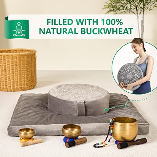 Hihealer Meditation Cushion-Traditional Tibetan Meditation Pillow with Washable Premium Velvet Cover Premium Yoga Buckwheat Bolster-Large Floor Cushion Seating for Adults,Women (Sliver Grey)