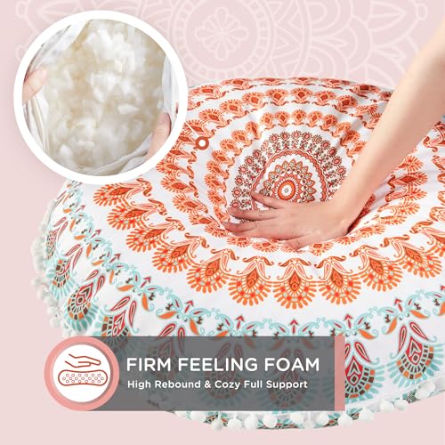 Codi Meditation Floor Pillow, Round Large Pillows Seating for Adults, Bohemian Mandala Circle Cushion for Outdoor Fireplace Yoga Living Room, 32 Inch, Memory Foam Added, Coral