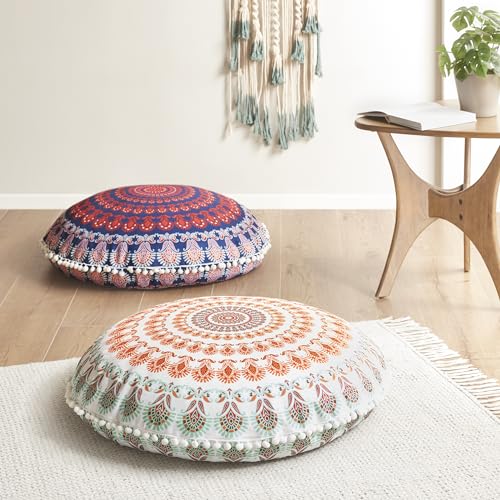 Codi Meditation Floor Pillow, Round Large Pillows Seating for Adults, Bohemian Mandala Circle Cushion for Outdoor Fireplace Yoga Living Room, 32 Inch, Memory Foam Added, Coral
