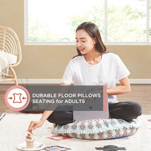 Codi Meditation Floor Pillow, Round Large Pillows Seating for Adults, Bohemian Mandala Circle Cushion for Outdoor Fireplace Yoga Living Room, 32 Inch, Memory Foam Added, Coral