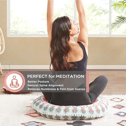 Codi Meditation Floor Pillow, Round Large Pillows Seating for Adults, Bohemian Mandala Circle Cushion for Outdoor Fireplace Yoga Living Room, 32 Inch, Memory Foam Added, Coral