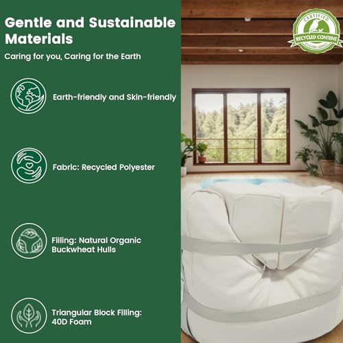 Syrinx Meditation Cushion- Comfortable Yoga Pillow, Zafu Floor Mat with 2 Knee Cushions, Buckwheat Hull Filled Crescent Shaped Cushion with Carry Bag and Recyclable Cover(White)