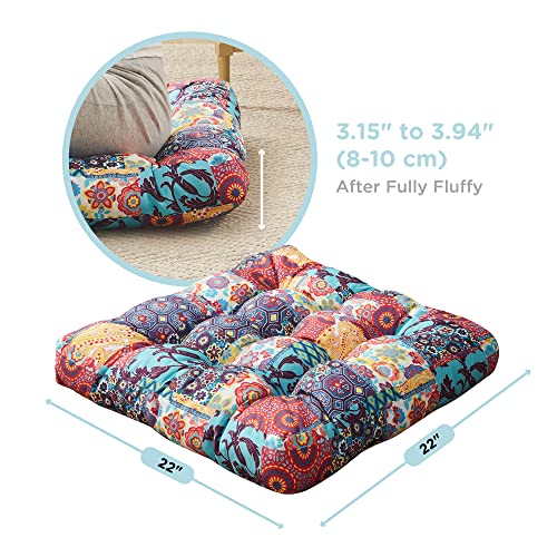Boho Floor Pillow, Large Meditation Cushion for Adults, Square Pillows Seating for Yoga Living Room Tatami Sitting Home Decor, Memory Foam Added, 22x22 Inch, Multi Patchwork