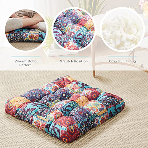 Boho Floor Pillow, Large Meditation Cushion for Adults, Square Pillows Seating for Yoga Living Room Tatami Sitting Home Decor, Memory Foam Added, 22x22 Inch, Multi Patchwork