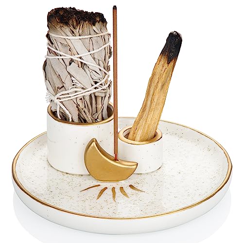 ZenBless 4 in 1 Incense and Candle Holder for Burning Sage, Palo Santo - 5.9" Ceramic Ash Catcher Tray for Meditation Room (Gold)