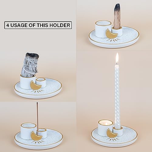 ZenBless 4 in 1 Incense and Candle Holder for Burning Sage, Palo Santo - 5.9" Ceramic Ash Catcher Tray for Meditation Room (Gold)