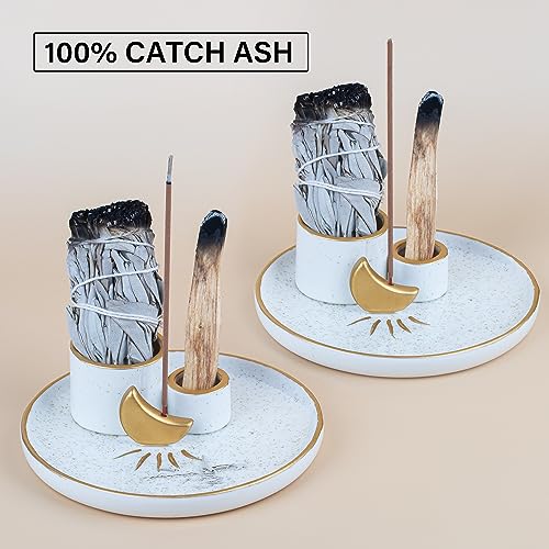 ZenBless 4 in 1 Incense and Candle Holder for Burning Sage, Palo Santo - 5.9" Ceramic Ash Catcher Tray for Meditation Room (Gold)