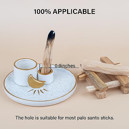 ZenBless 4 in 1 Incense and Candle Holder for Burning Sage, Palo Santo - 5.9" Ceramic Ash Catcher Tray for Meditation Room (Gold)