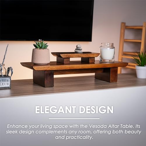 Vesoda Meditation Altar Table – 21 x 7.5 x 6 Inch Handmade Tiered Puja Table - Small Alter Table for Relaxation, Prayer - Buddha Shrine Altar Meditation Table Made of Solid and Rich Mango Wood