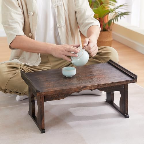 GZQWDC Japanese Floor Table,Small Coffee Table & Tea Table, Altar Table for Meditation,Low Table for Sitting on The Floor,Wood Bed Table Trays with Foldable Legs,Bed Laptop Desk