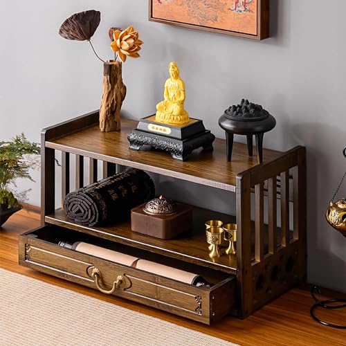 BIRDFBA 2-Tier Meditation Altar Table with Drawers 100% Bamboo Coffee Table Red