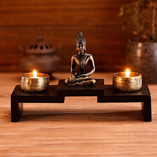 MyGift Mini Sitting Buddha Statue with Candle Holders, Zen Decor, Meditation Tealight Holder, with Small Altar Wood Shelf Base