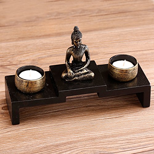 MyGift Mini Sitting Buddha Statue with Candle Holders, Zen Decor, Meditation Tealight Holder, with Small Altar Wood Shelf Base